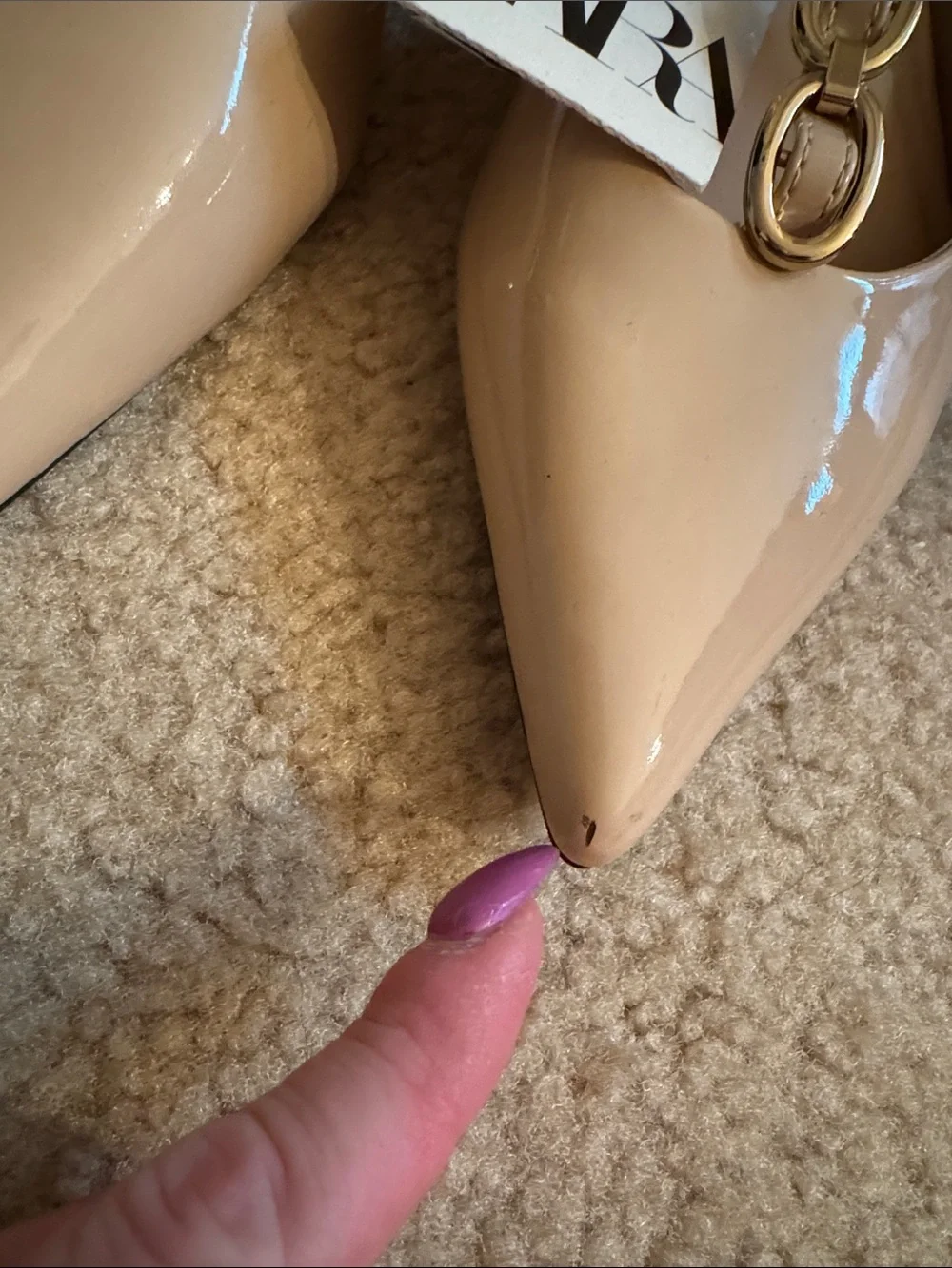 ZARA - Nude Patent Pointed Slingback Flats with Gold Chain Accents - Size 7